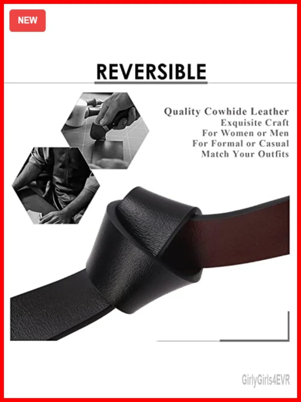 Genuine Leather Reversible Belt with Rotated Metal Buckle